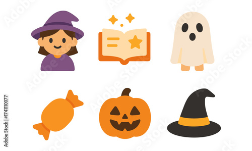 Halloween icons: witch, ghost, pumpkin, and candy in flat design style