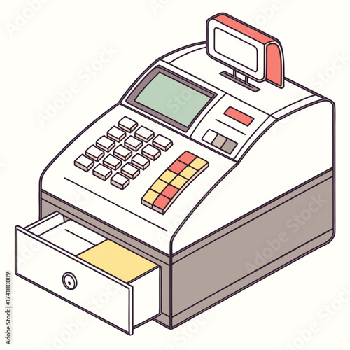 Isometric cash register with open drawer and display
