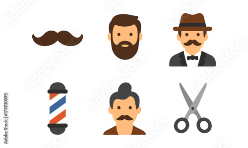 Classic barber icons: mustache, beard, and accessories in flat style