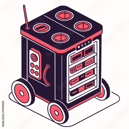 Isometric delivery robot with compartments and antenna