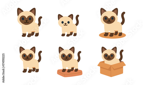 Cute cartoon siamese cats in various poses: playful and adorable pet graphics