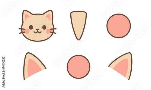 Cute cartoon cat face with geometric shapes for diy crafting and design projects