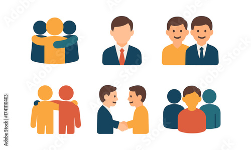 Flat style business and teamwork icons with diverse people interacting