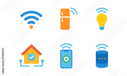 Smart home technology icons featuring wireless connectivity and automation in flat design