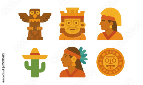 Ancient cultures icon set: mexican and native american art
