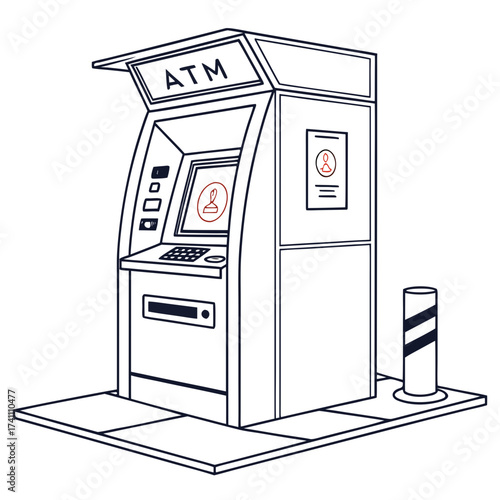 Line art A T M machine with red on screen cash machine
