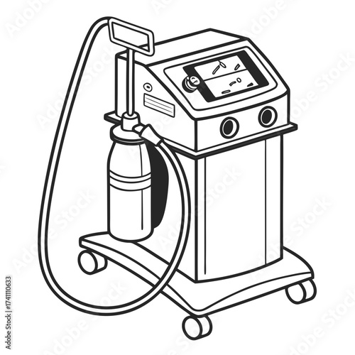 Medical ventilator machine with bottle and hose on wheels