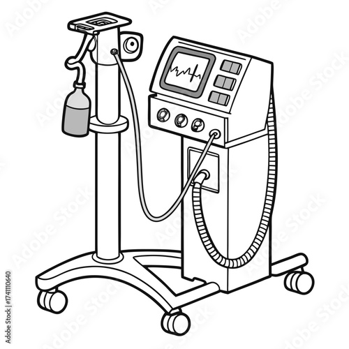Medical ventilator machine with I V bag and monitor