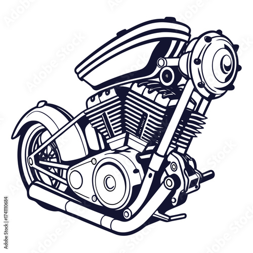 Motorcycle engine V twin graphic on white machine mechanical