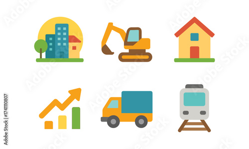 Colorful construction and transportation icon set for urban planning