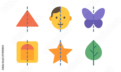 Symmetrical shapes and objects with dotted guidelines in flat style