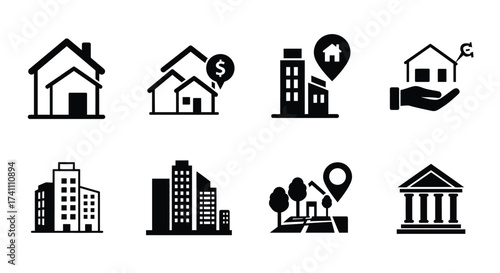 Real estate icons depicting homes buildings and property related services