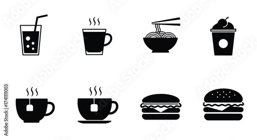 Black and white icons depicting various food and beverage items