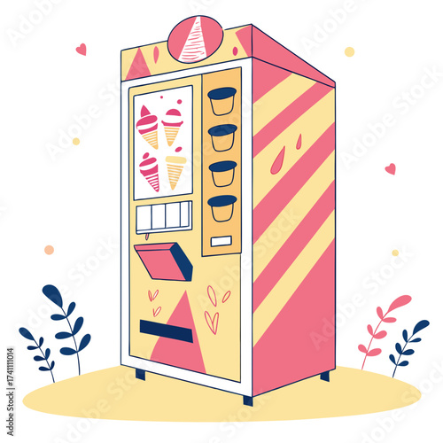 Pink and yellow ice cream vending machine with cones