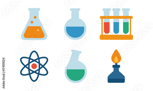Science lab equipment set featuring beaker, flask, and burner icons