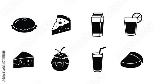 Black and white food icons showing various fast food and dessert options