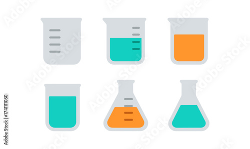 Colorful laboratory beakers and flasks in modern flat design
