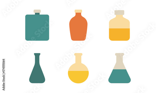 Colorful flat bottles and flasks collection for science and design projects