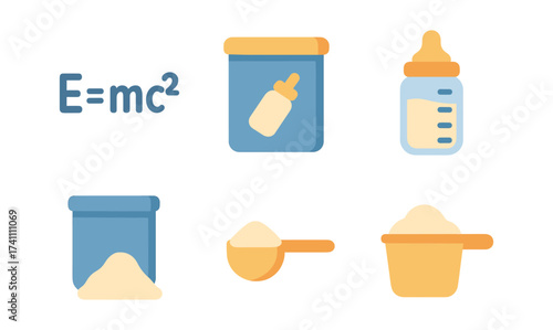 Flat icons of baby formula and feeding supplies with mathematical equation