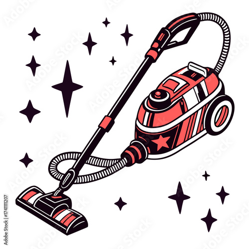 Red and black vacuum cleaner with sparkles cleaning