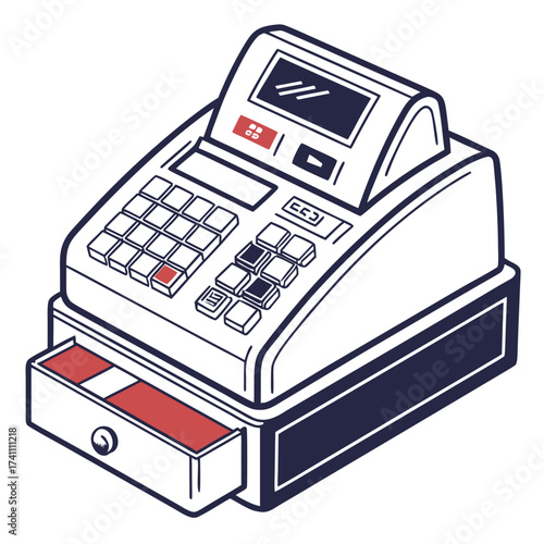 Red and blue cash register with open drawer vintage cash register