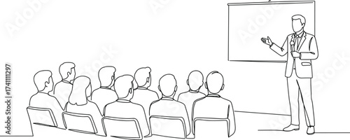Business presentation illustration, speaker with audience, seminar or training session, professional meeting scene, line art corporate education concept