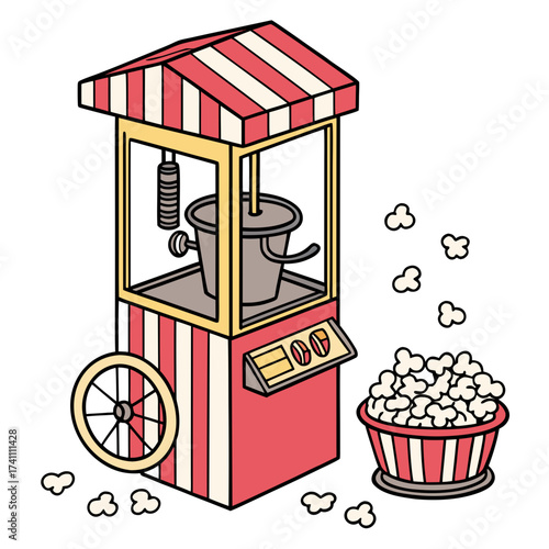 Red and cream striped popcorn cart with overflowing bucket