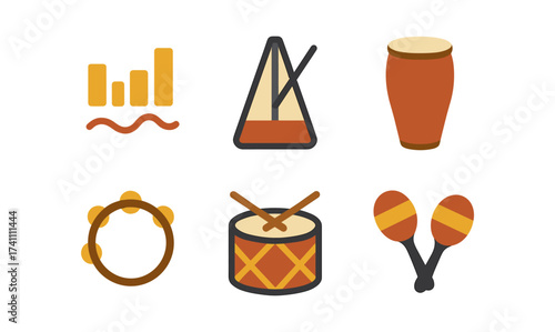 Colorful flat icon set of percussion musical instruments