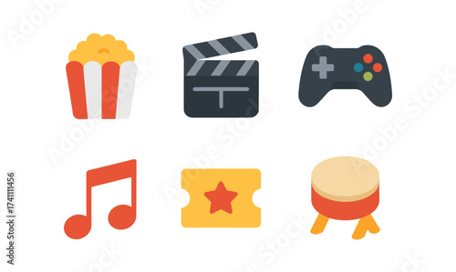 Flat icon set: popcorn, clapperboard, game controller, music note, ticket, drum