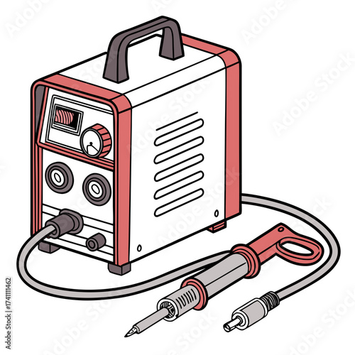 Red and gray welding machine with torch on white welder