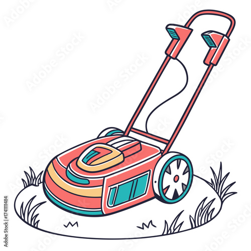 Red and teal lawn mower with yellow accents on grass