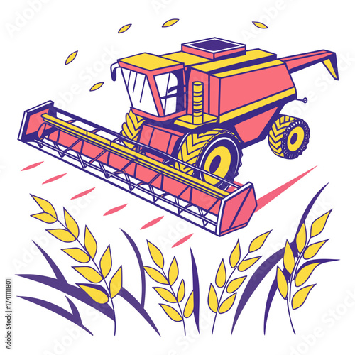 Red and yellow combine harvester in field illustration