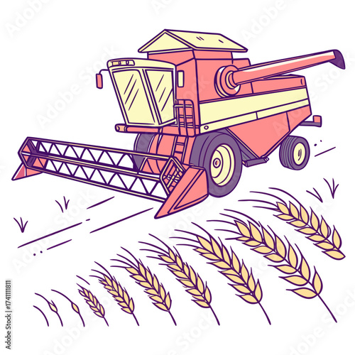 Red and yellow combine harvester with wheat stalks