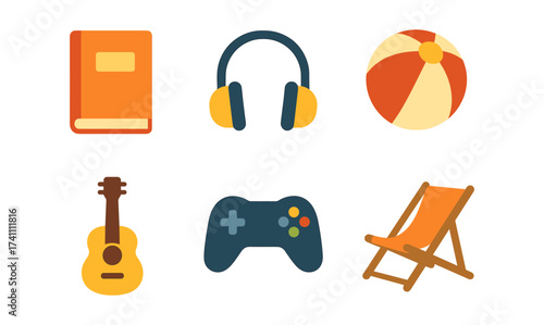 Colorful set of leisure elements including book, headphones, and guitar