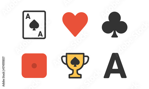 Gaming icons: cards, heart, club, dice, trophy, letter a
