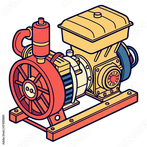 Red and yellow engine generator isometric machine industrial