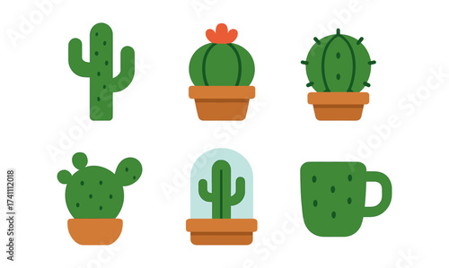 Charming flat style cactus icons in pots and unique designs for creative projects