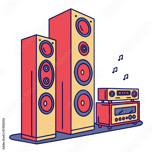 Red and yellow tower speakers with audio receiver and music notes