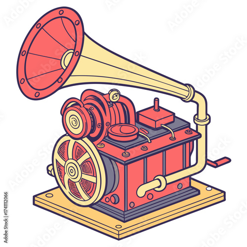 Red and yellow vintage engine with horn machine retro