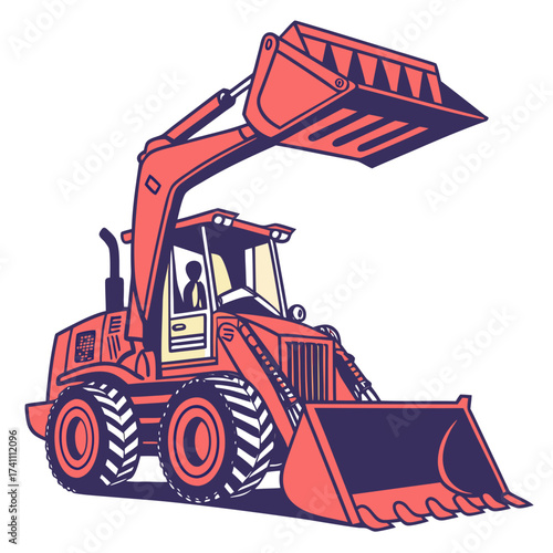 Red bulldozer with raised bucket and front loader construction equipment
