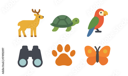Colorful flat icon set of forest animals and exploration tools
