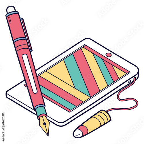 Red stylus pen and tablet with colorful screen digital pen