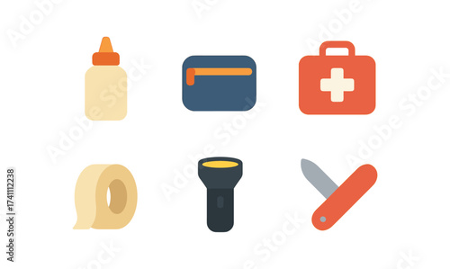 Essential emergency kit icons in flat style for safety and preparedness