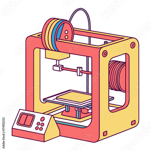 Red yellow and blue 3d printer machine illustration