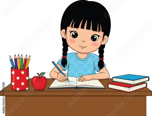Cartoon child writing, school desk scene, educational illustration, study time, classroom activity, student character, books, apple, pencil holder