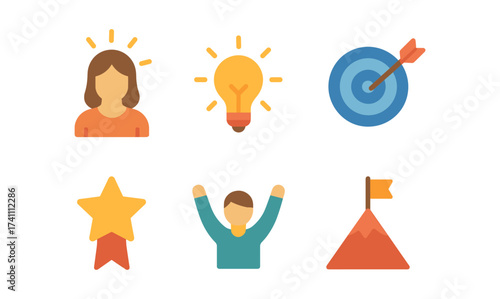 Business success icons set featuring target, light bulb, and mountain in flat design