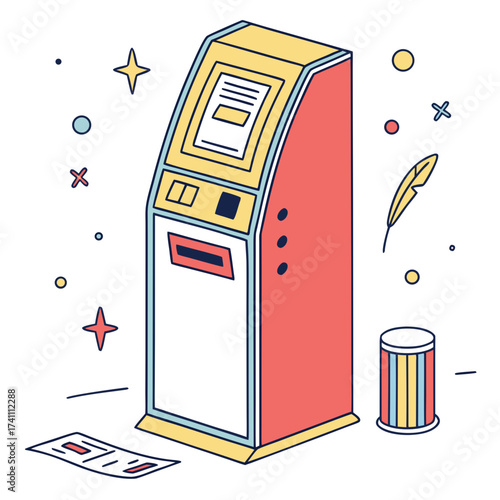 Red yellow and blue ticket machine with papers kiosk