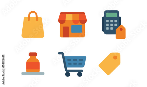 Colorful shopping icon set with bag, store, cart, and tag elements