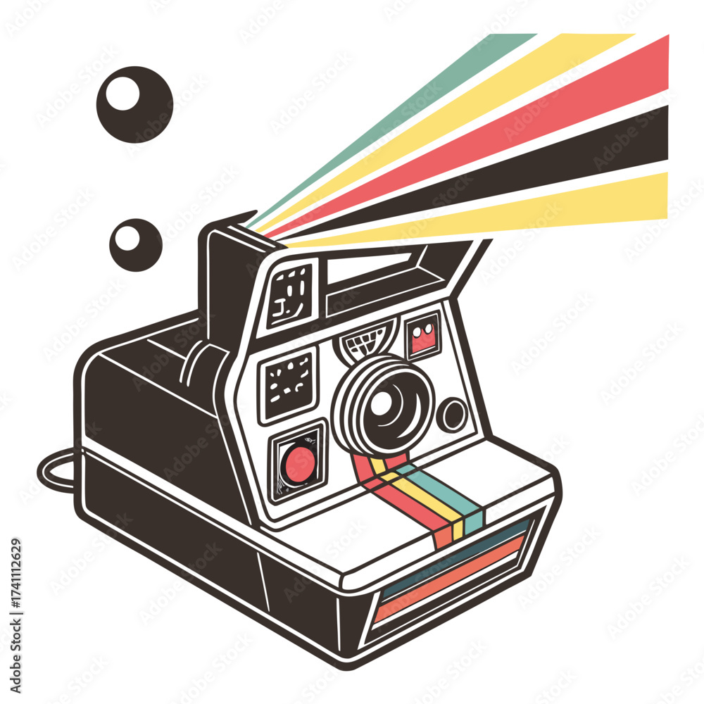 Fototapeta premium Retro instant camera with colorful light beams and bubbles