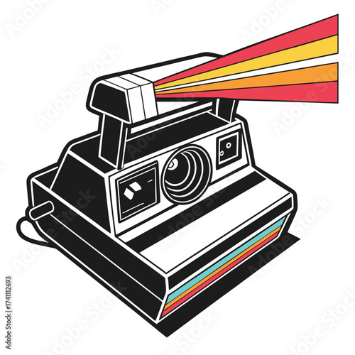 Retro instant camera with colorful light beams vintage